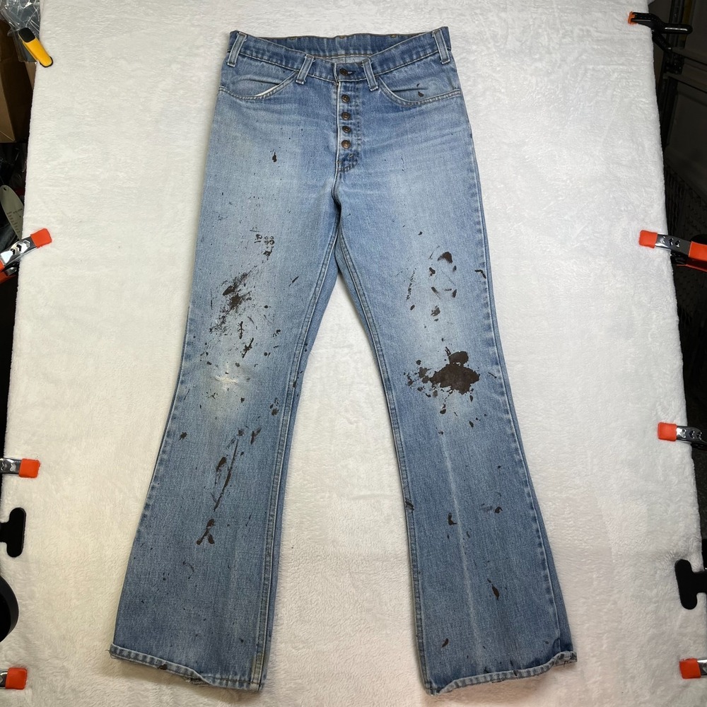 Bootcut Jeans Womens Blue Denim Distressed Paint Splatter Button Fly Y2K - 30X32